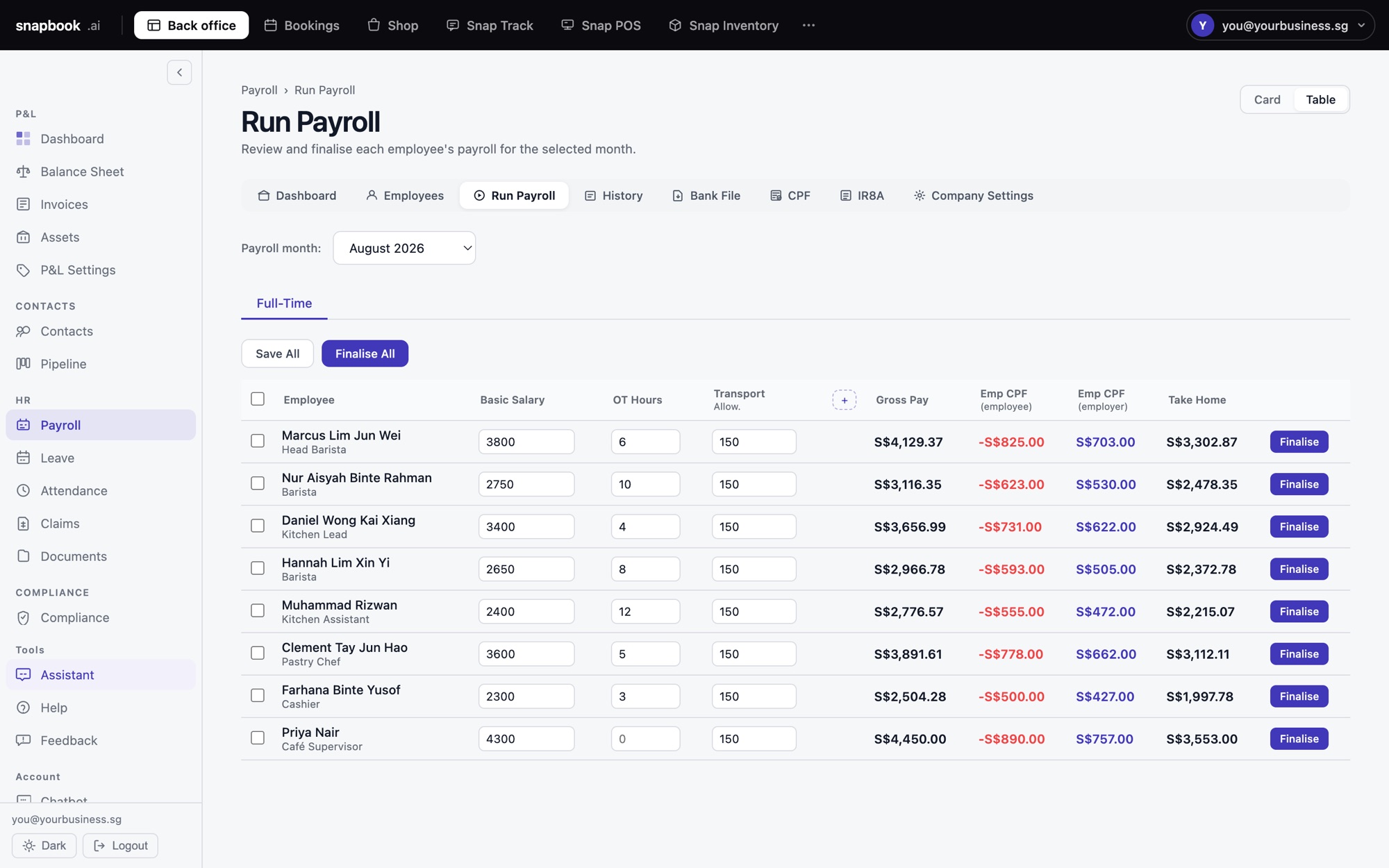 Running payroll in app.kevinchia.sg: each employee's pay, overtime, allowance, CPF and take-home pay
